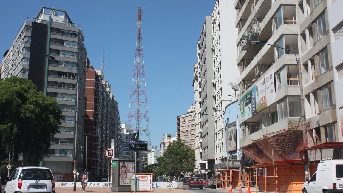 Condominium buildings line the street