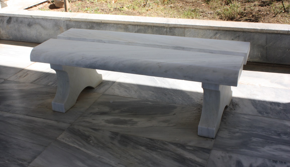 Marble bench outside the Olympia Archaeological Museum