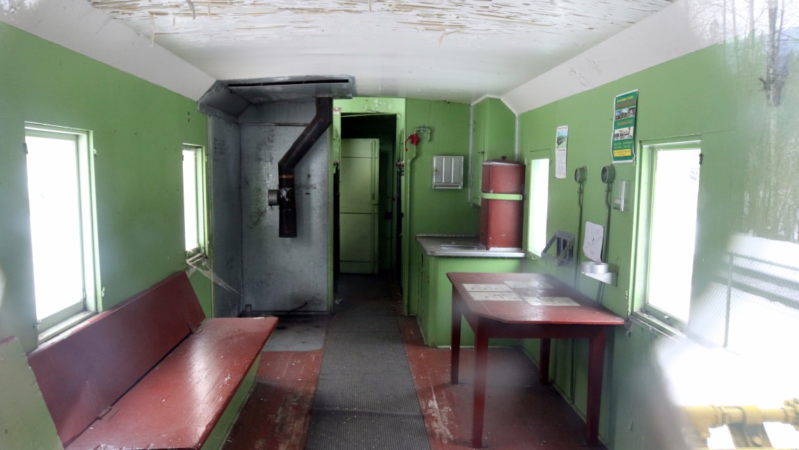 Inside the caboose at the Last Spike historical site