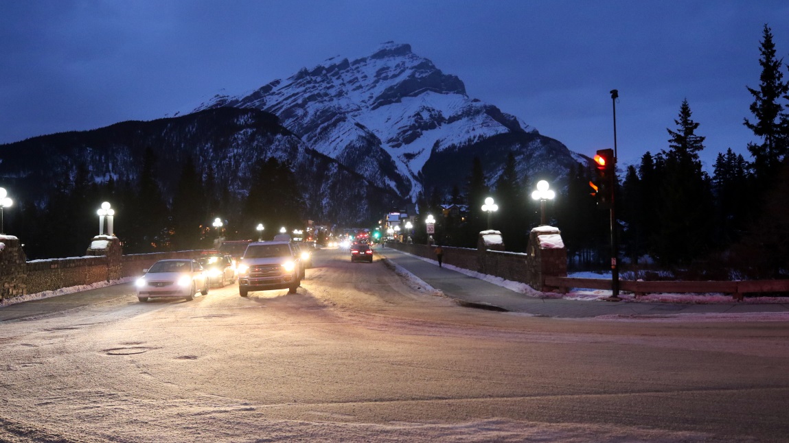 Looking down Banff Avenue toward 9836 foot Cascade Mountain