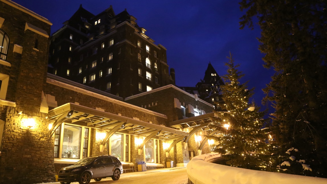 Approaching the main entrance to the Fairmont Banff Springs Hotel